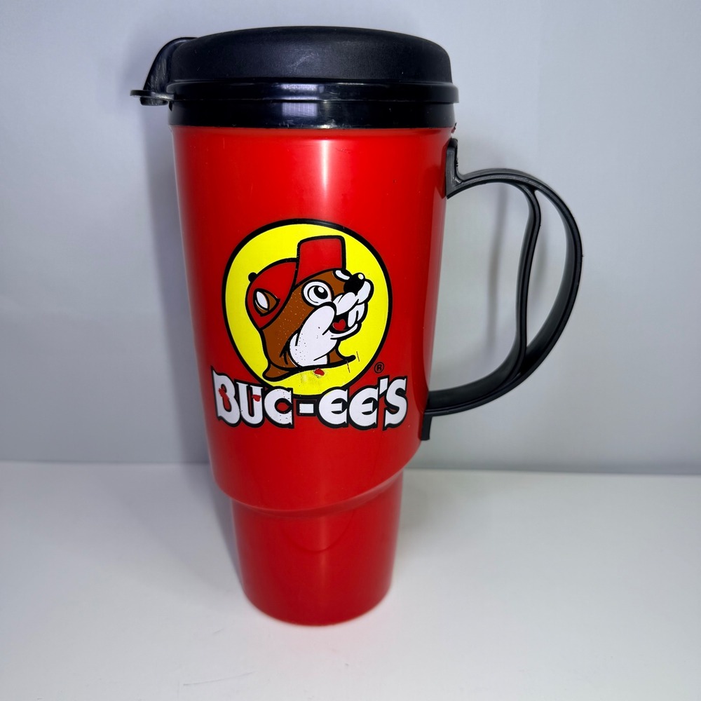 Buc-ee's Red 34oz Insulated Travel Mug Thermo-Serv Plastic Tumbler with Handle